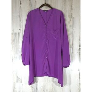 Eileen Fisher Button Up Tunic Blouse Size Small Purple 100% Silk Roll Tab Sleeve